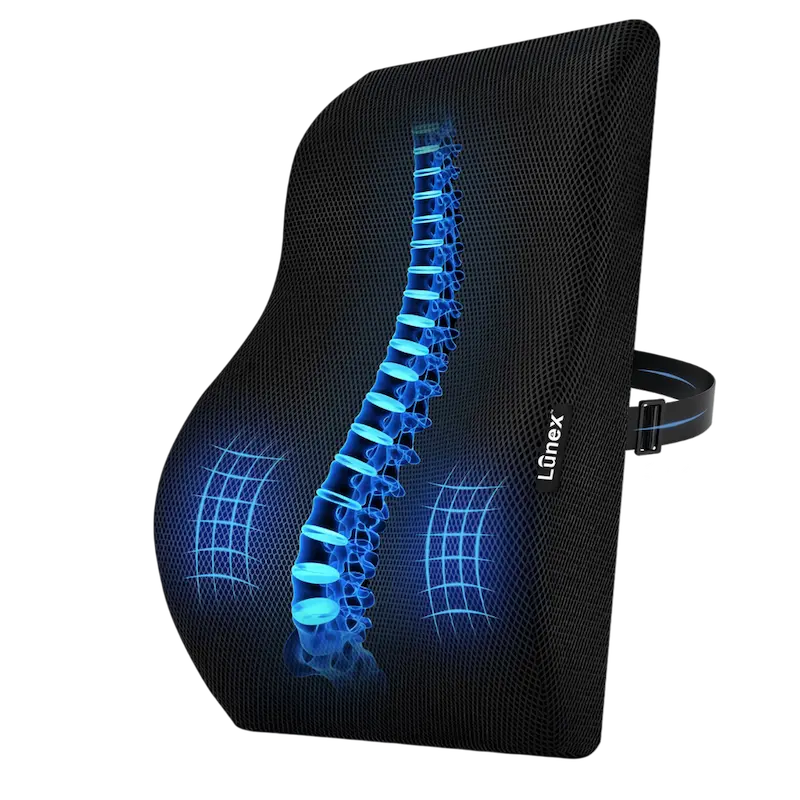 Lunex Car Seat Back Support with memory foam lumbar cushion for driving and office chairs