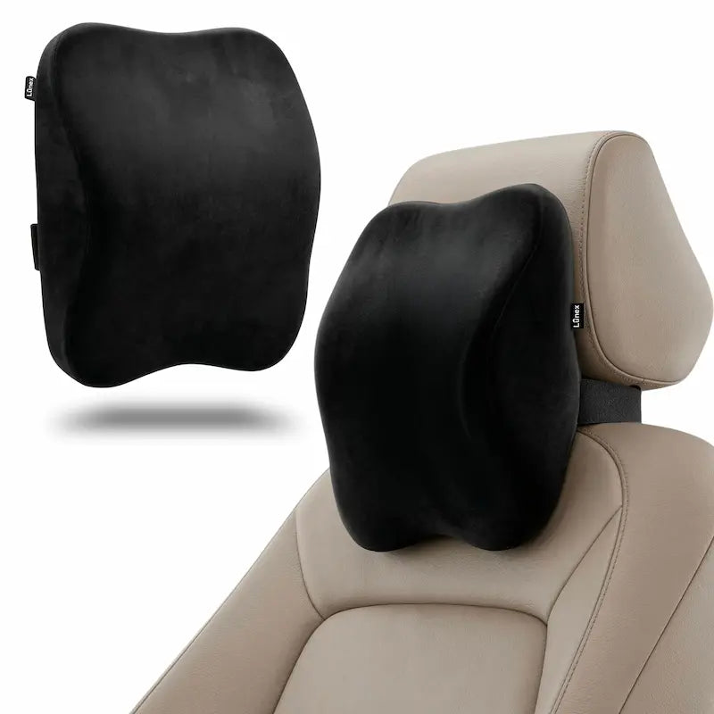 Lunex Car Neck Rest Pillow with memory foam support attached to car seat headrest