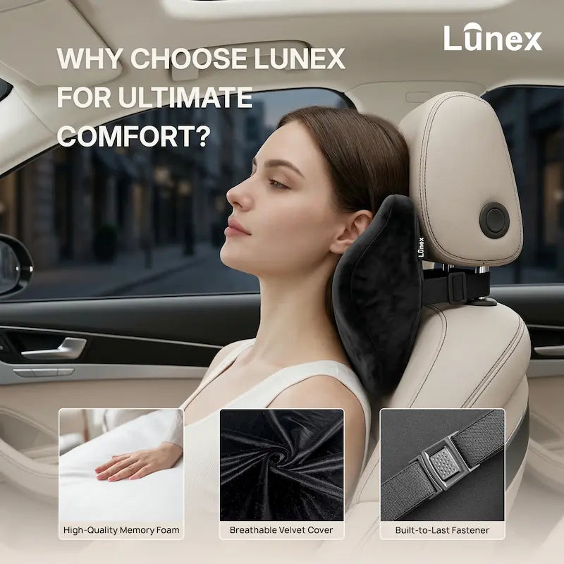 Lunex Car Neck Rest Pillow with memory foam support attached to car seat headrest