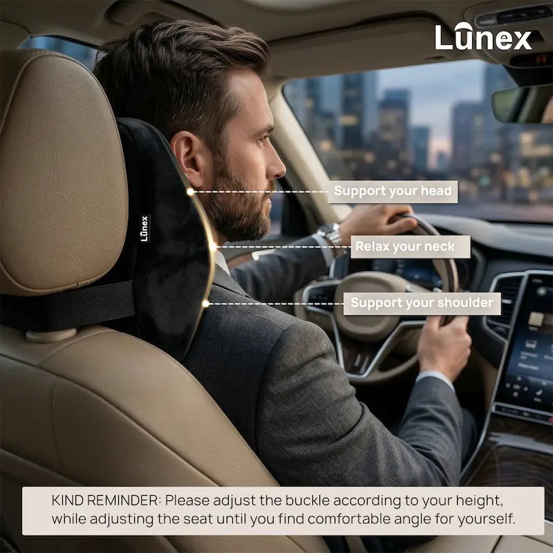 Lunex Car Neck Rest Pillow with memory foam support attached to car seat headrest