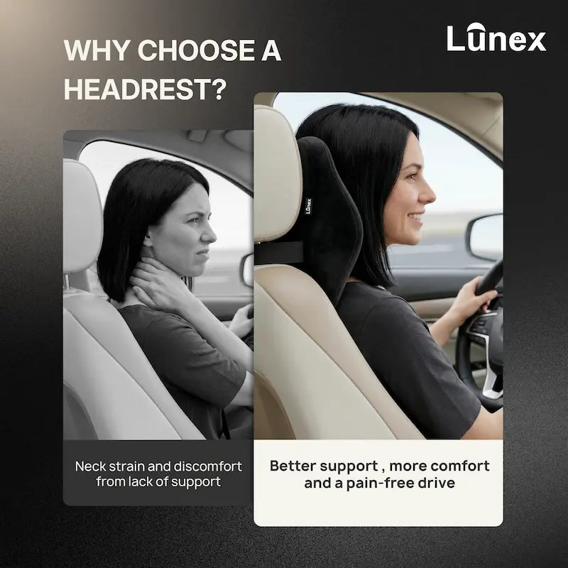 Lunex Car Neck Rest Pillow with memory foam support attached to car seat headrest