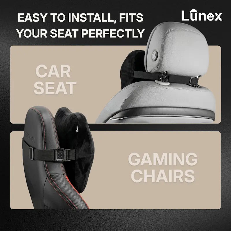 Lunex Car Neck Rest Pillow with memory foam support attached to car seat headrest