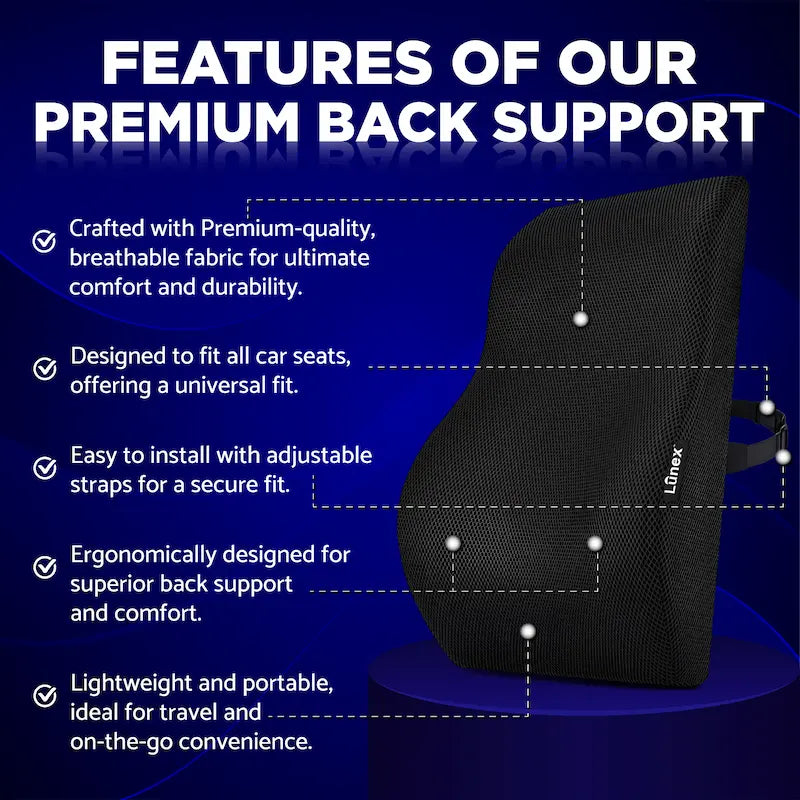 Lunex Car Seat Back Support with memory foam lumbar cushion for driving and office chairs