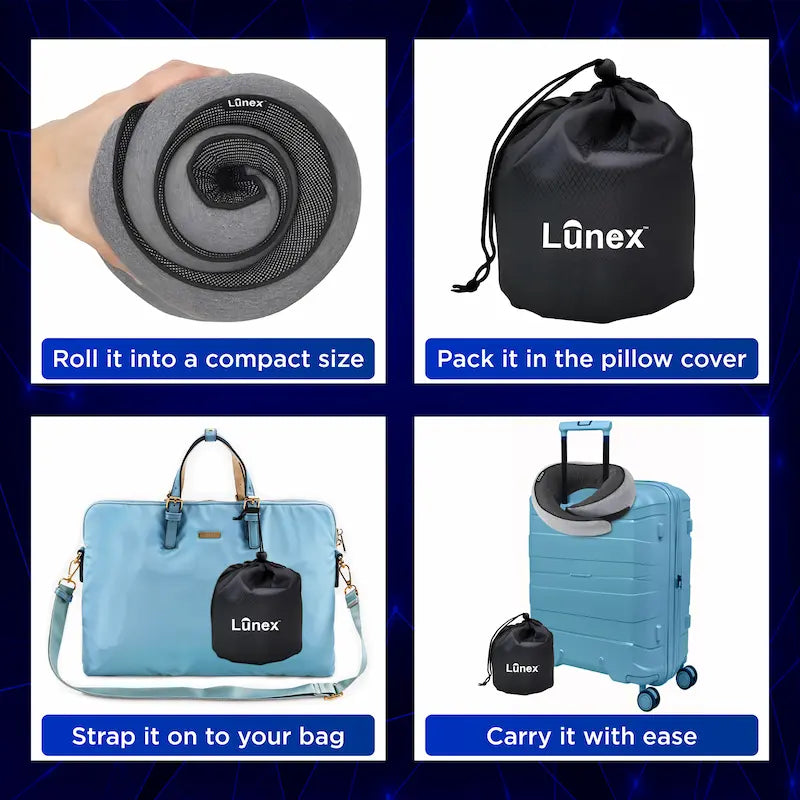 Lunex Travel Neck Pillow with memory foam support for comfortable sleep on flights and trains