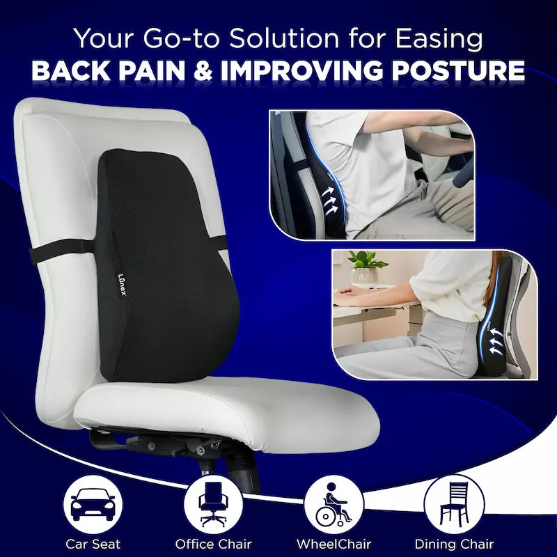Lunex Car Seat Back Support with memory foam lumbar cushion for driving and office chairs