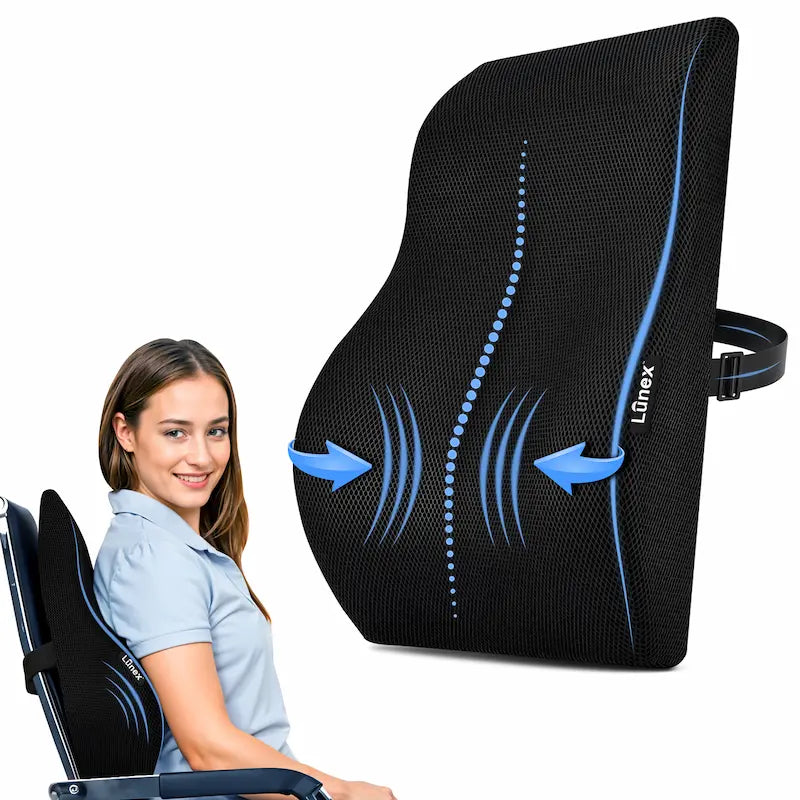 Lunex Car Seat Back Support with memory foam lumbar cushion for driving and office chairs